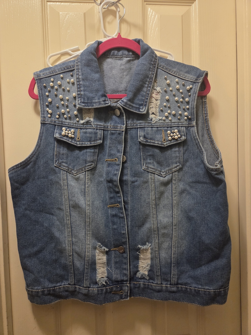 Distressed Denim Vest - Pearls
